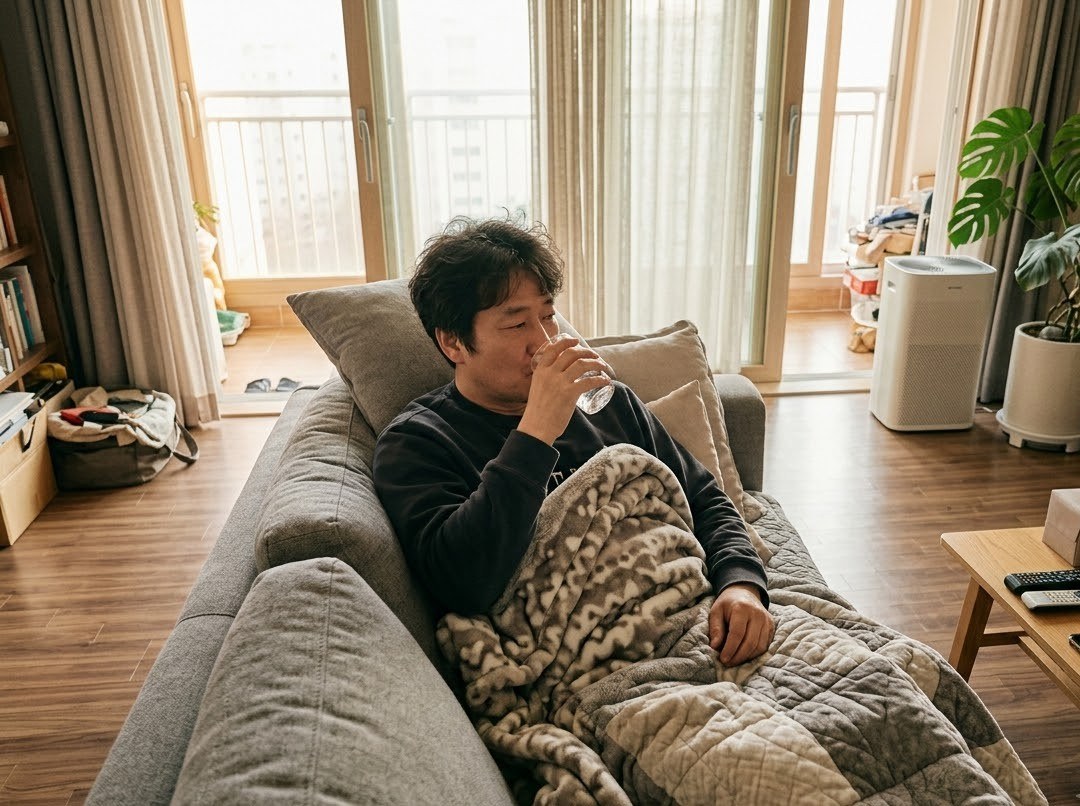 소파에서 쉬며 물을 마시는 남성
