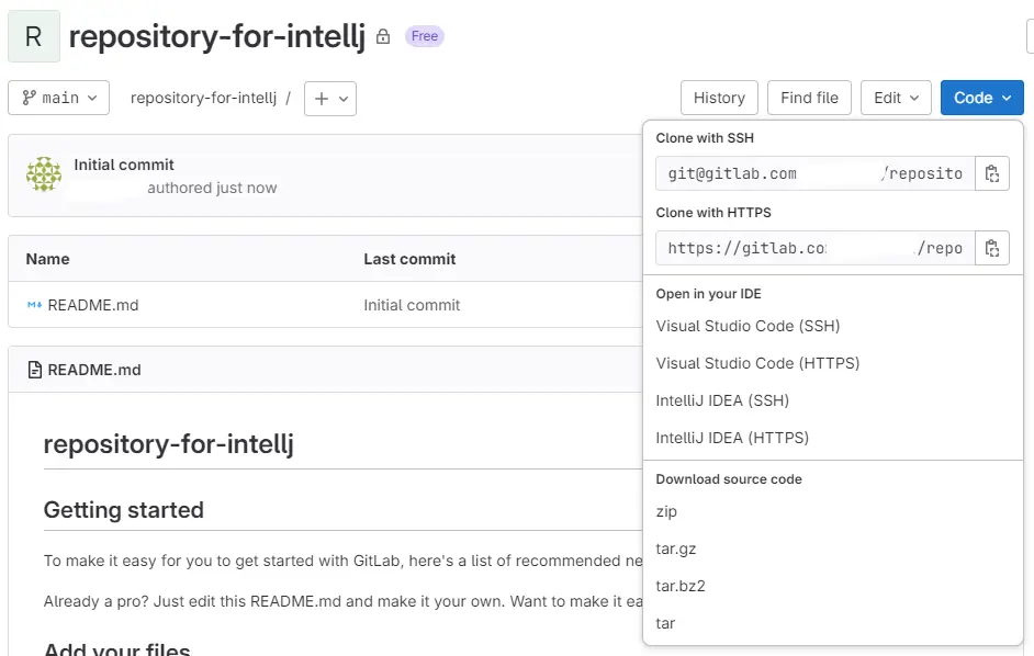 Gitlab 프로젝트의 Code 버튼 클릭