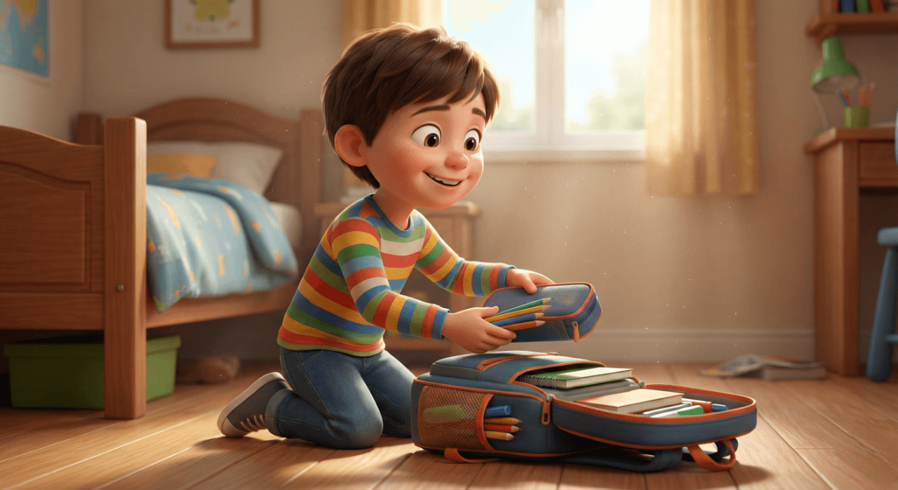 7살 아이가 스스로 책가방을 열고 필통과 공책을 넣으며 뿌듯해하는 표정을 짓고 있는 모습