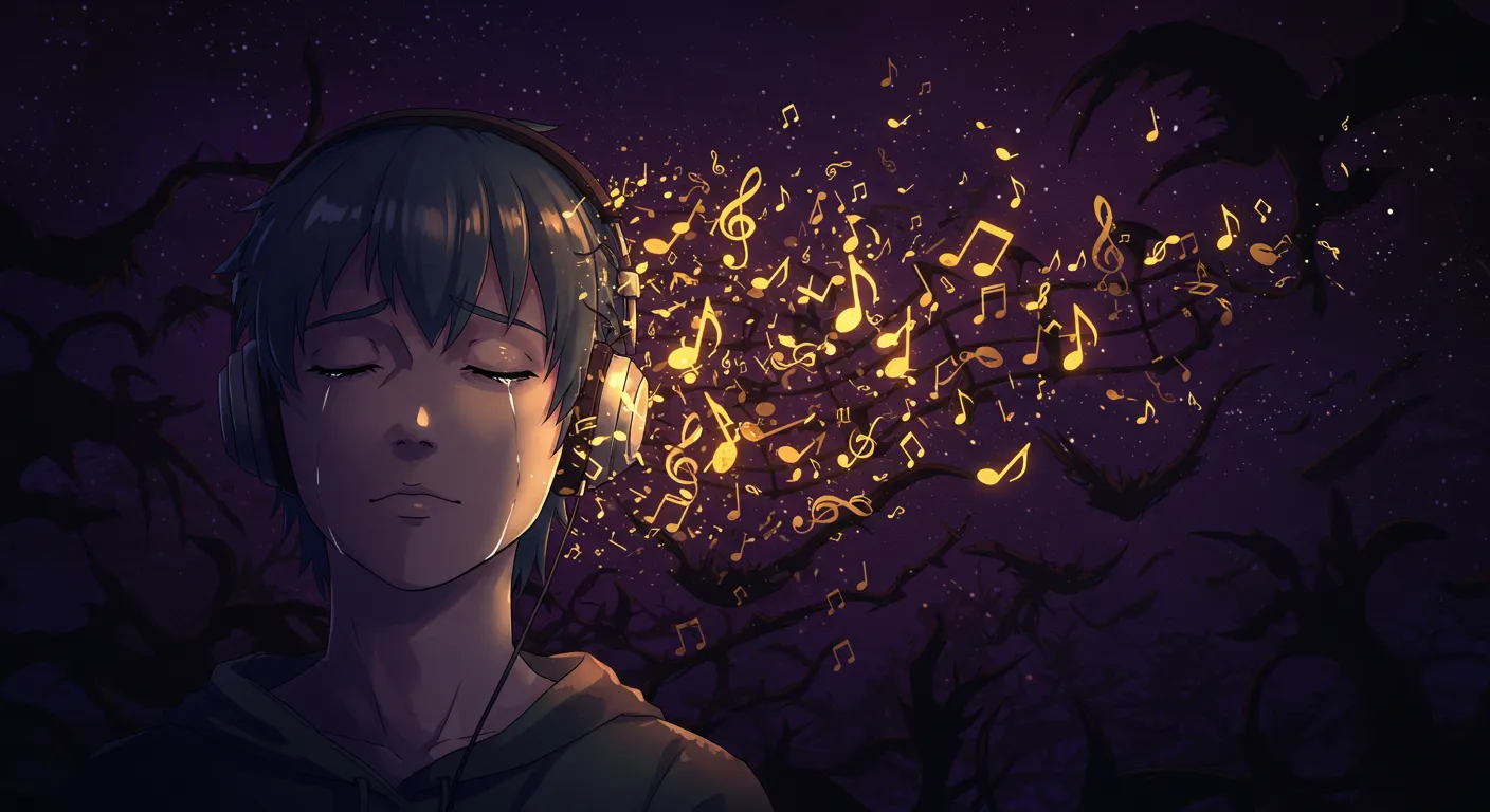 "음악을 통해 내면의 상처와 악몽을 치유하는 모습을 표현한 감성적인 애니메이션 일러스트"