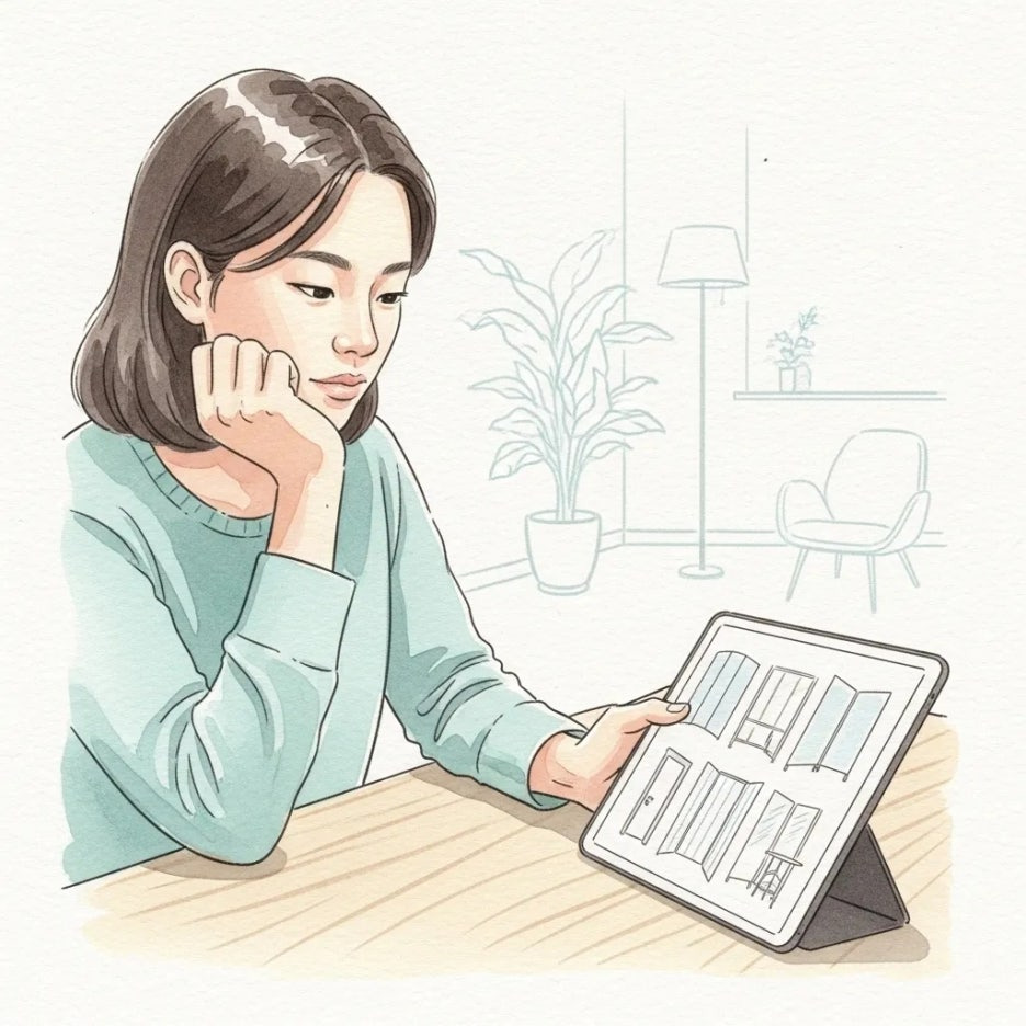 다양한 중문 디자인을 신중하게 살펴보는 모습