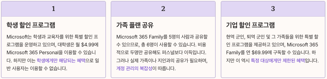 다른 Office365 구독 절약 방법과의 비교 정리 이미지