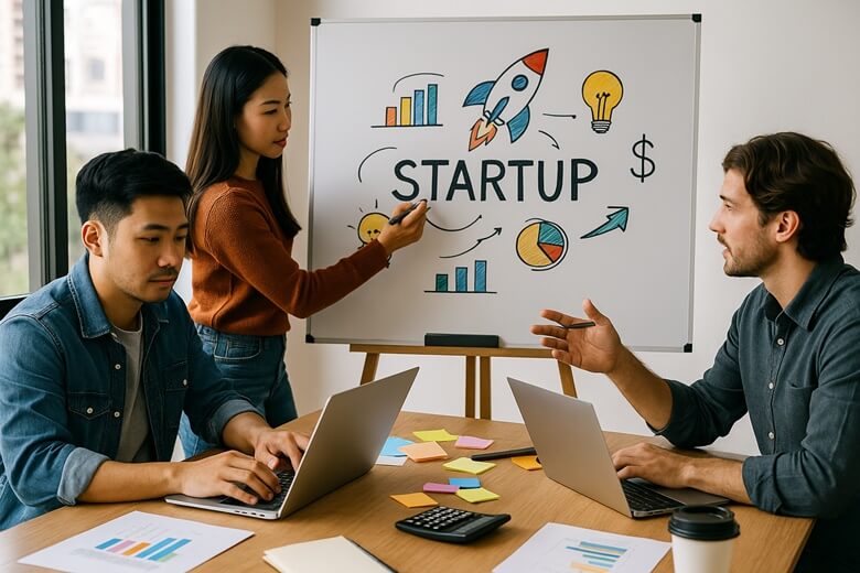 스타트업 창업자들이 정부지원 사업 아이디어를 브레인스토밍하는 장면
