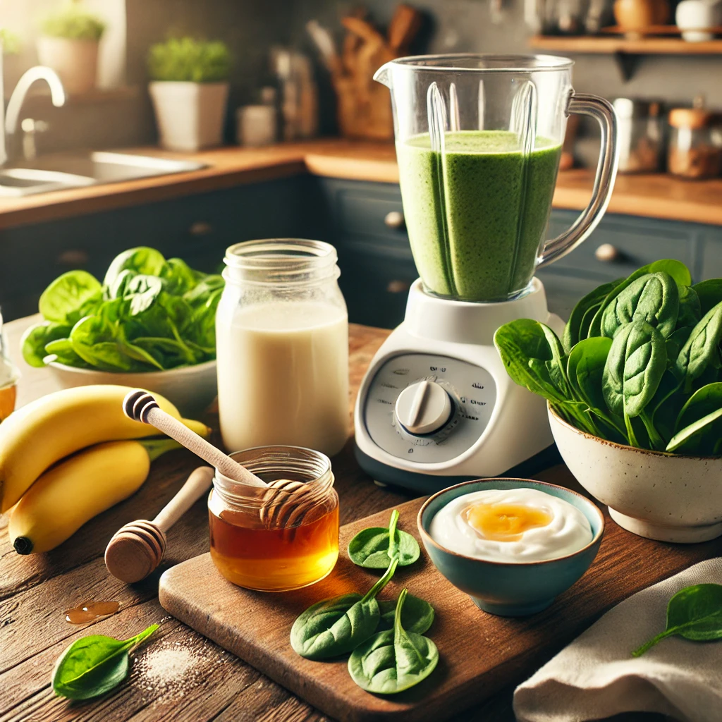아늑한 주방에서 신선한 시금치&amp;#44; 바나나&amp;#44; 요거트&amp;#44; 꿀로 스무디를 준비하는 장면. 블렌더와 재료들이 조리대에 놓여 있으며&amp;#44; 면역력 강화를 위한 영양 음료의 중요성을 강조함