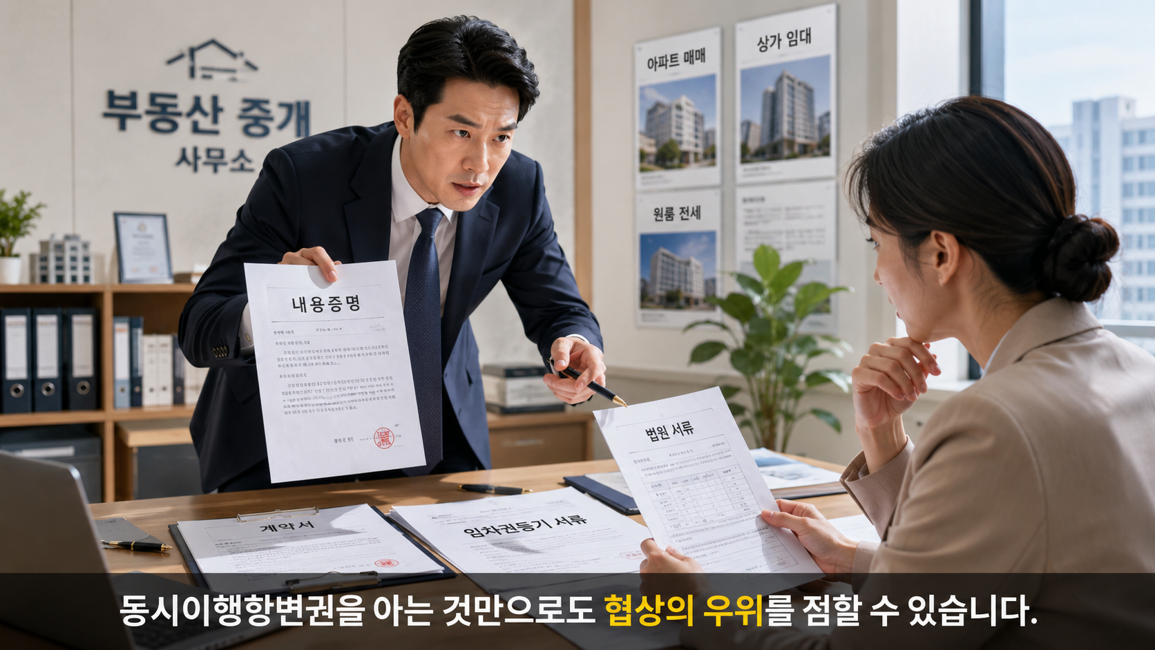 부동산 중개 사무소에서 내용증명 편지와 법원 서류를 보며 협상하는 두 당사자