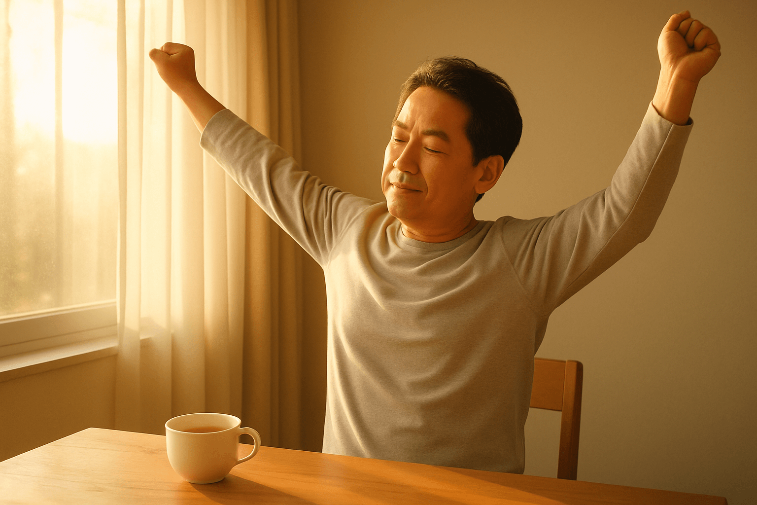 아침 햇살이 비치는 창가에서 두 팔을 들어 기지개를 켜며 컨디션을 회복하는 중년 한국 남성(머그컵이 놓인 테이블)