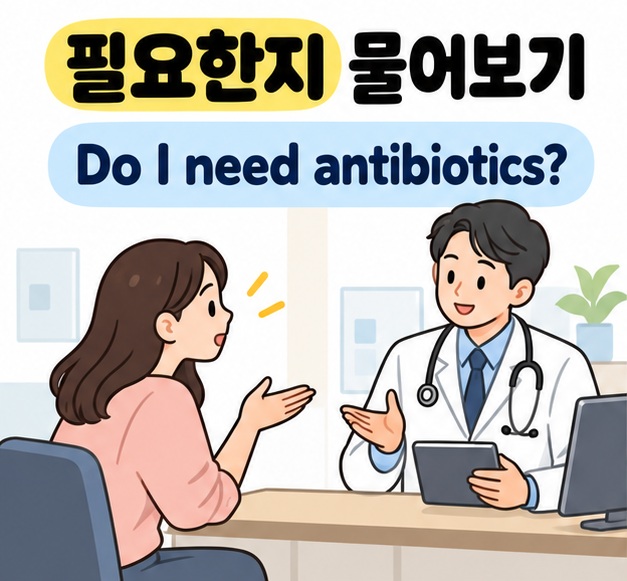 필요한지 물어보기와 Do I need antibiotics? 문구 아래 의사와 상담하는 여성