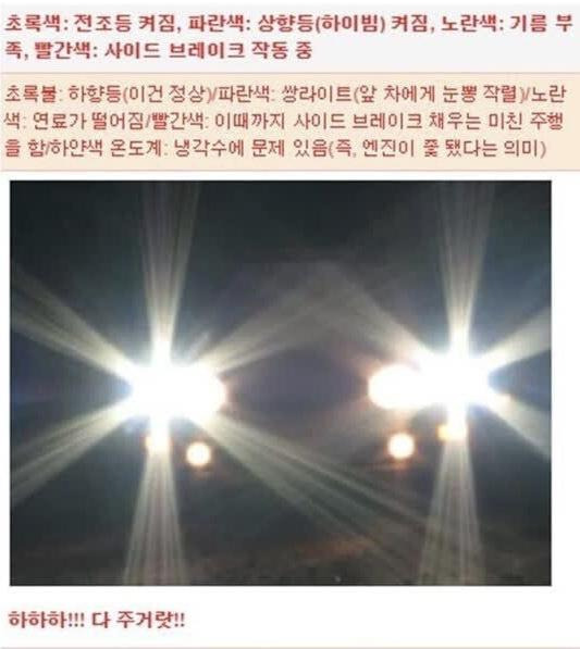 초록색: 전조등 켜짐, 파란색: 상향등(하이빔) 켜짐, 노란색: 기름 부
족, 빨간색: 사이드 브레이크 작동 중
초록불: 하향등(이건 정상)/파란색 쌍라이트(앞 차에게 눈뽕 작렬)/노란
색: 연료가 떨어짐/빨간색: 이때까지 사이드 브레이크 채우는 미친 주행
을 함 하얀색 온도계: 냉각수에 문제 있음(즉, 엔진이 쫓 됐다는 의미)