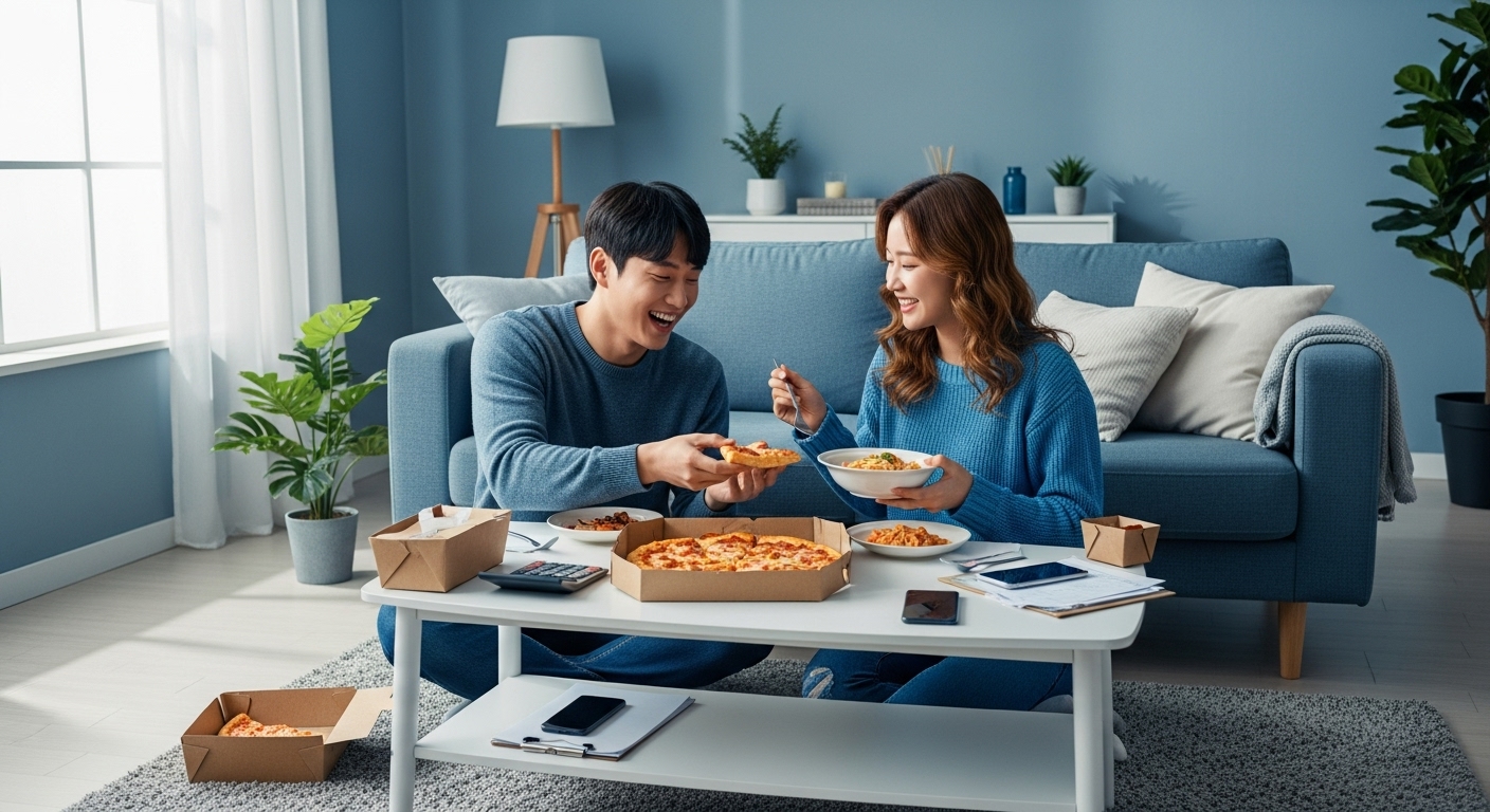 룸메이트와 함께 식사를 하며 생활비를 절약하는 모습