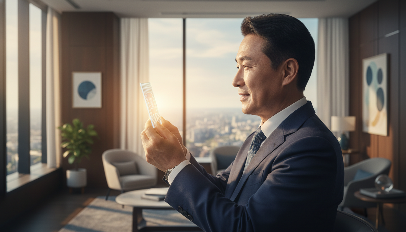 우아한 맞춤 정장을 입은 60대 한국인 남성이 빛나는 미래형 반도체 웨이퍼를 자신감 있게 바라보는 모습, 옆모습, 고급 프라이빗 뱅킹 사무실 배경, 영화 같은 조명, 얕은 피사계 심도, 부유하고 희망찬 분위기