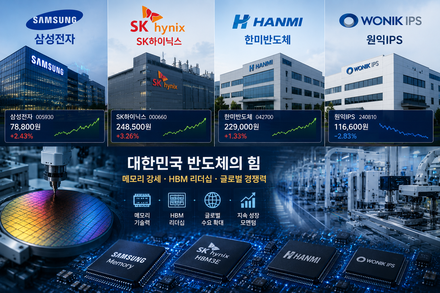 삼성전자 SK하이닉스 한미반도체 원익IPS 주가 수급 비교 차트