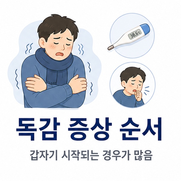 체온계와 몸살, 기침 증상을 함께 배치해 독감 증상 순서는 갑작스럽게 시작되는 경우가 많다는 점을 설명한 대표 이미지