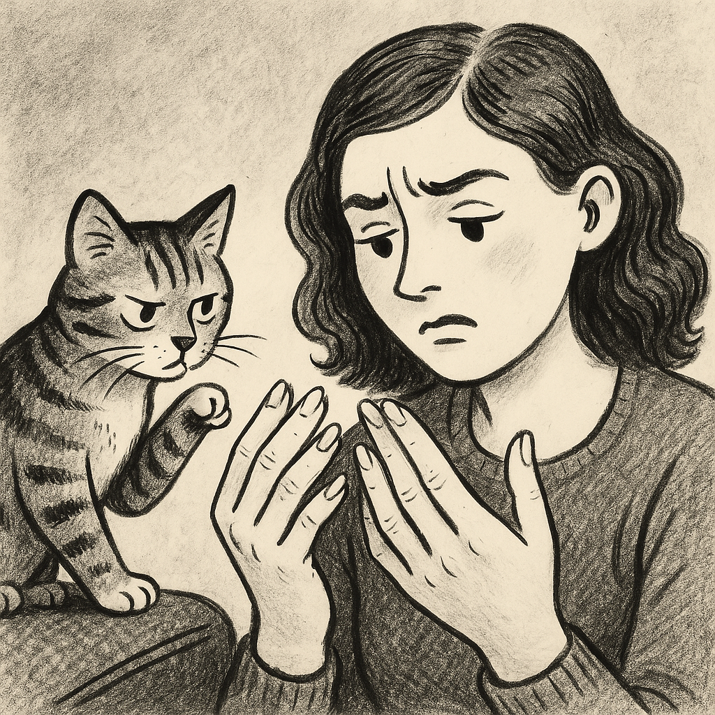 갈라지는 손톱을 보고 있는 여성