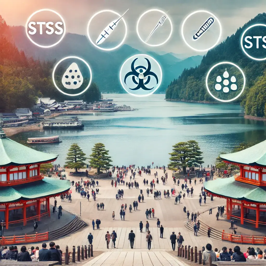 일본의 유명한 관광지를 배경으로 STSS 예방 조치를 안내하는 이미지