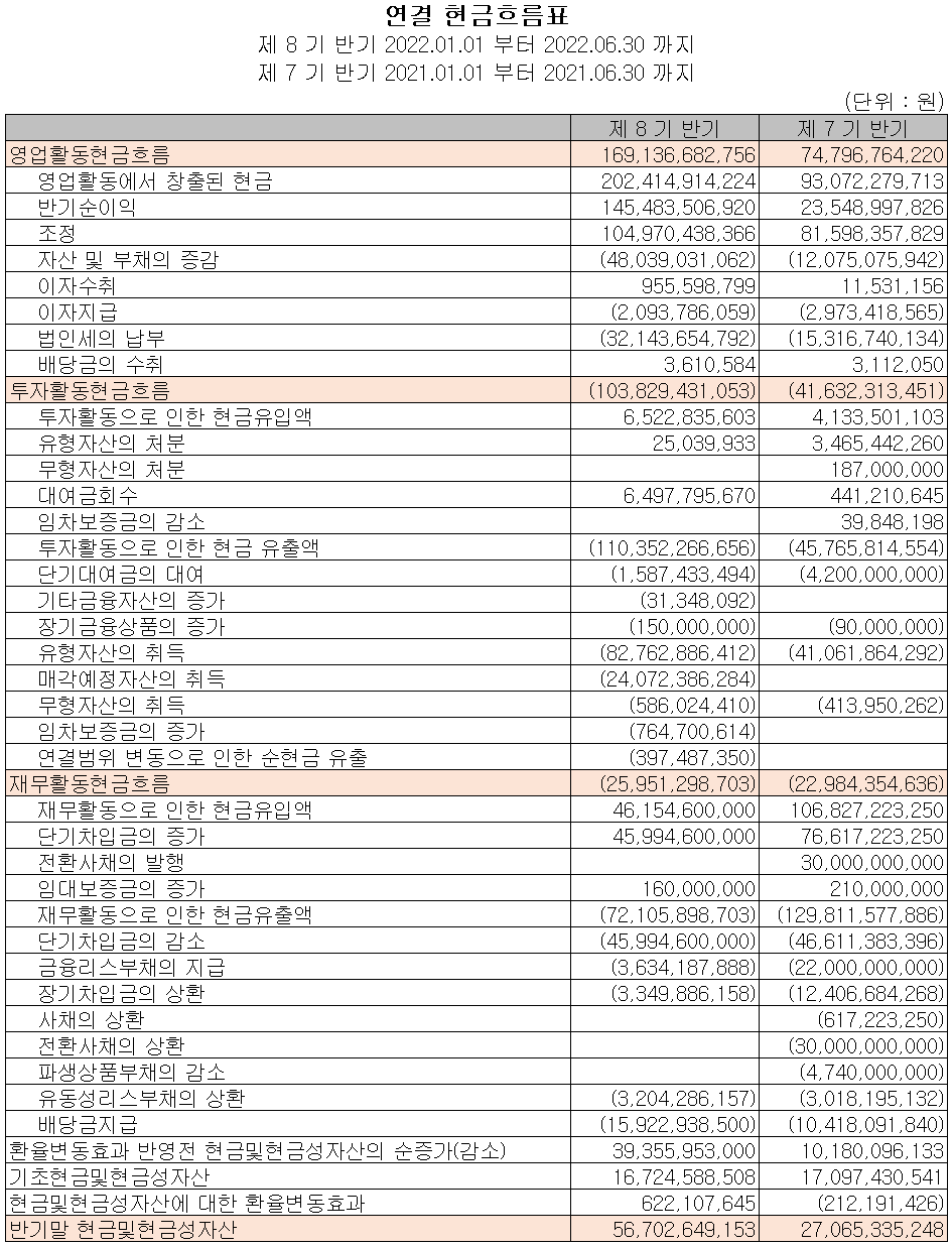 심텍 - 현금흐름표