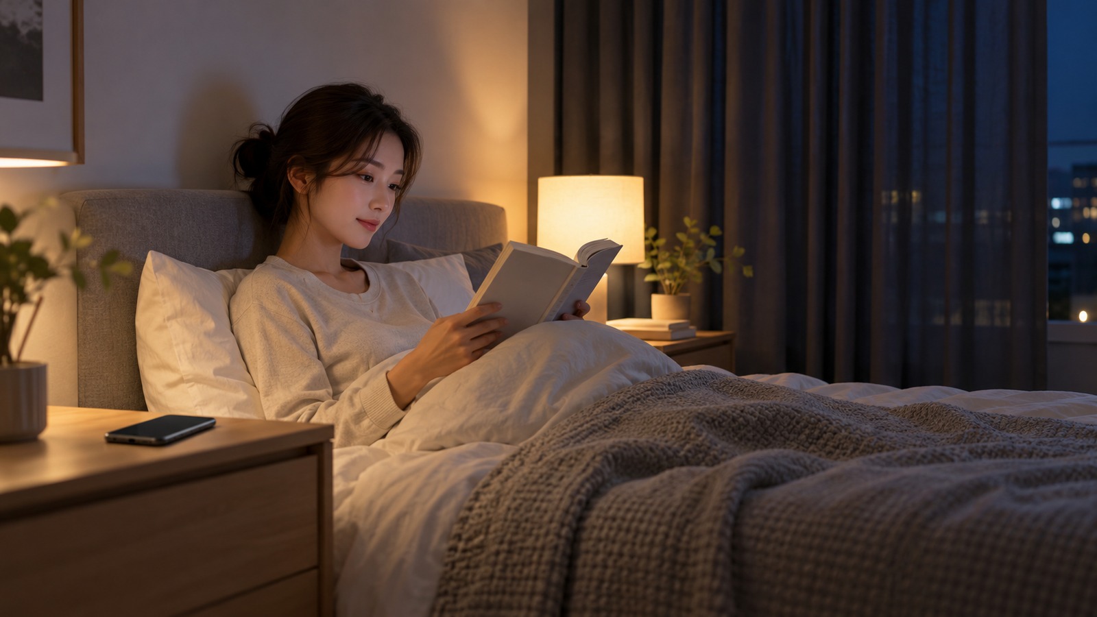 조명이 어둡고 정돈된 침실에서 스마트폰 대신 책을 읽으며 잠들 준비를 하는 장면