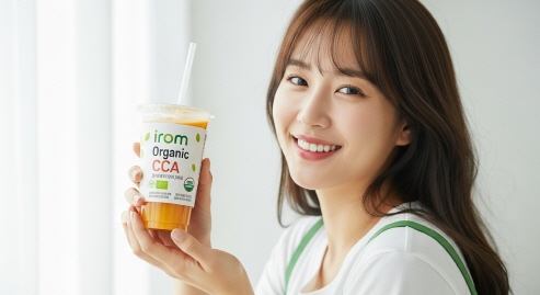 이롬 유기농 주스를 손에 들고 있는 밝은 표정의 여성