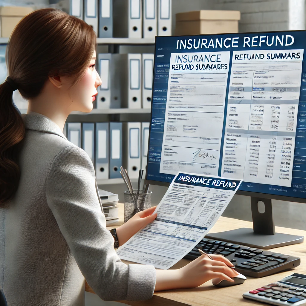0대 한국 여성이 프로페셔널한 사무실에서 환급 서류를 들고, 컴퓨터 화면에서 상세한 보험 환급 요약을 확인하고 있는 모습