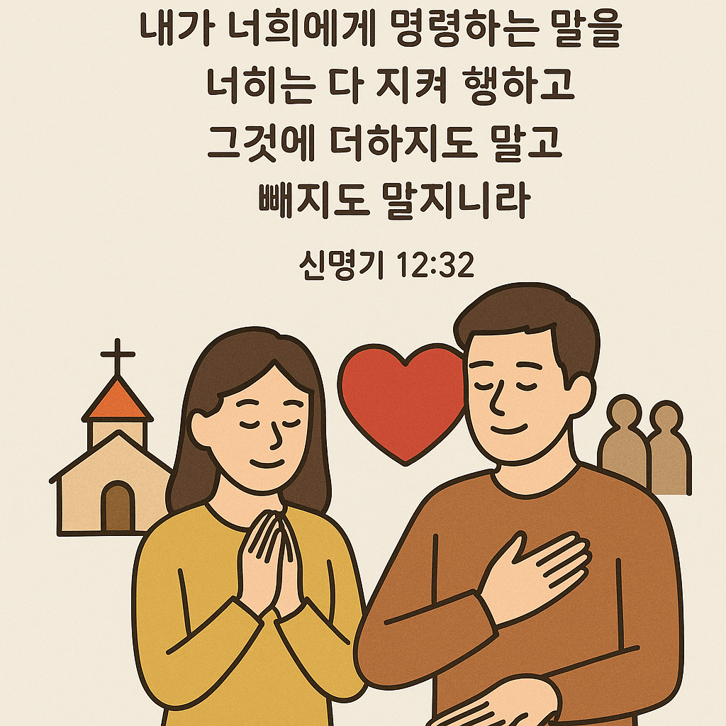 신 12:32 말씀을 따라 하나님의 명령을 순종하는 자가 되어야 하며, 하나님을 깊이 사랑하고 이웃을 사랑하며 모든 족속으로 제자삼는 사역에 드리는 것에서 더하거나 빼지 않는 삶을 사는 모습입니다.