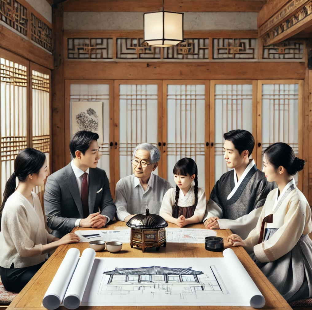 가족들이 상속재산 분할을 논의하며 서류를 검토하는 모습