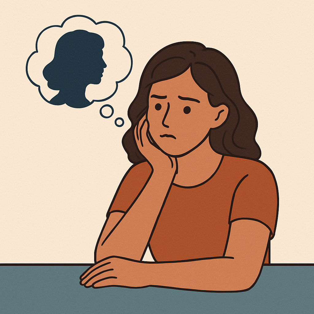 자신에 관한 생각에 잠긴 여성의 모습