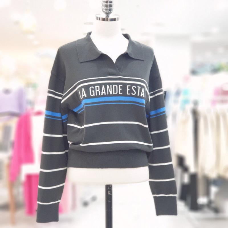 ab.f.z 에이비에프지 스트라이프 레터링 카라넥 딥그레이 니트 QISFX1W45C