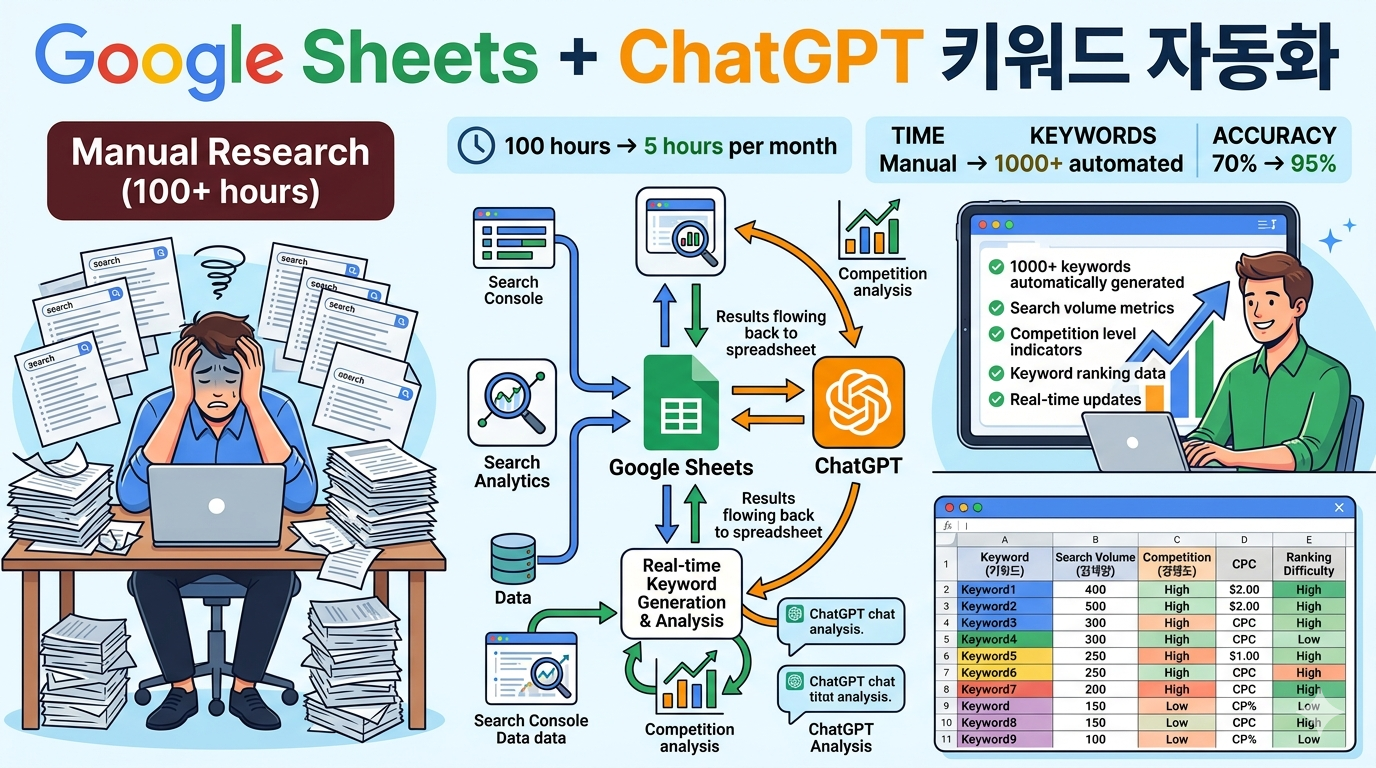 Google Sheets와 ChatGPT로 SEO 키워드 자동 생성 - 월 100시간에서 5시간으로 단축하고 월 1000개 키워드 자동 수집