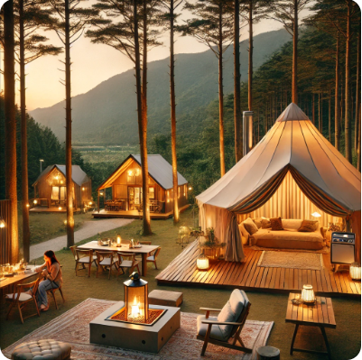 "파주에서 가족과 함께하는 특별한 글램핑, 따뜻한 조명이 켜진 럭셔리 텐트와 바비큐를 즐기는 가족, 자연 속에서의 힐링 여행"