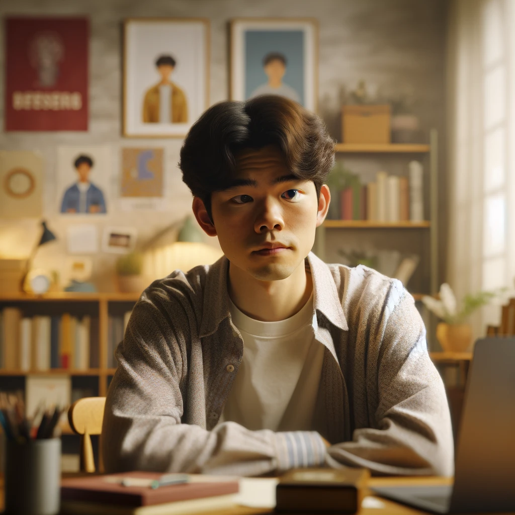 책상에 앉아서 무언가를 바라보는 학생 이미지