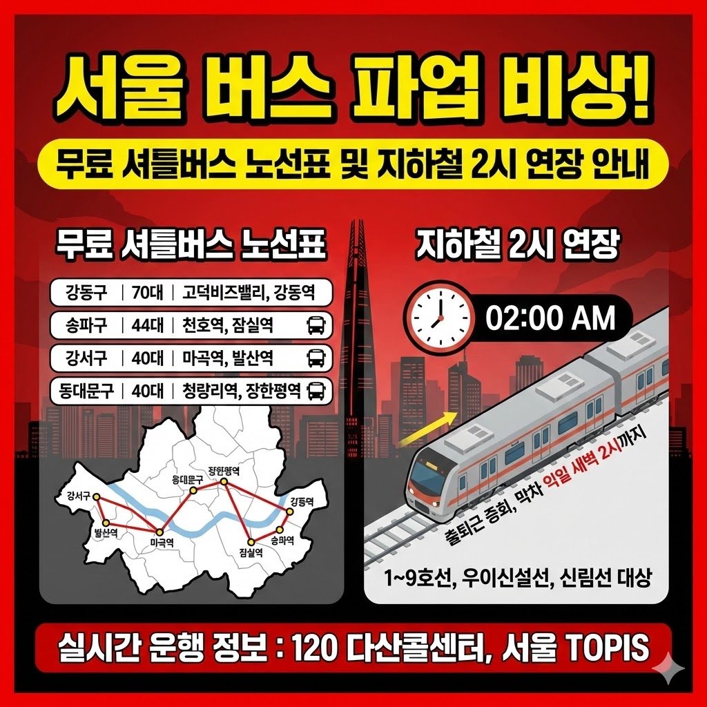2026년 1월 서울 시내버스 파업 비상수송대책 무료 셔틀버스 노선 및 지하철 증회 정보 요약