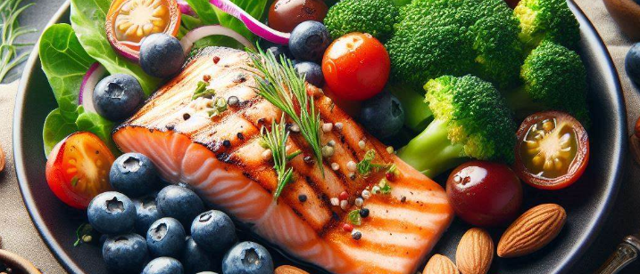 연어-브로콜리-블루베리-아몬드-토마토