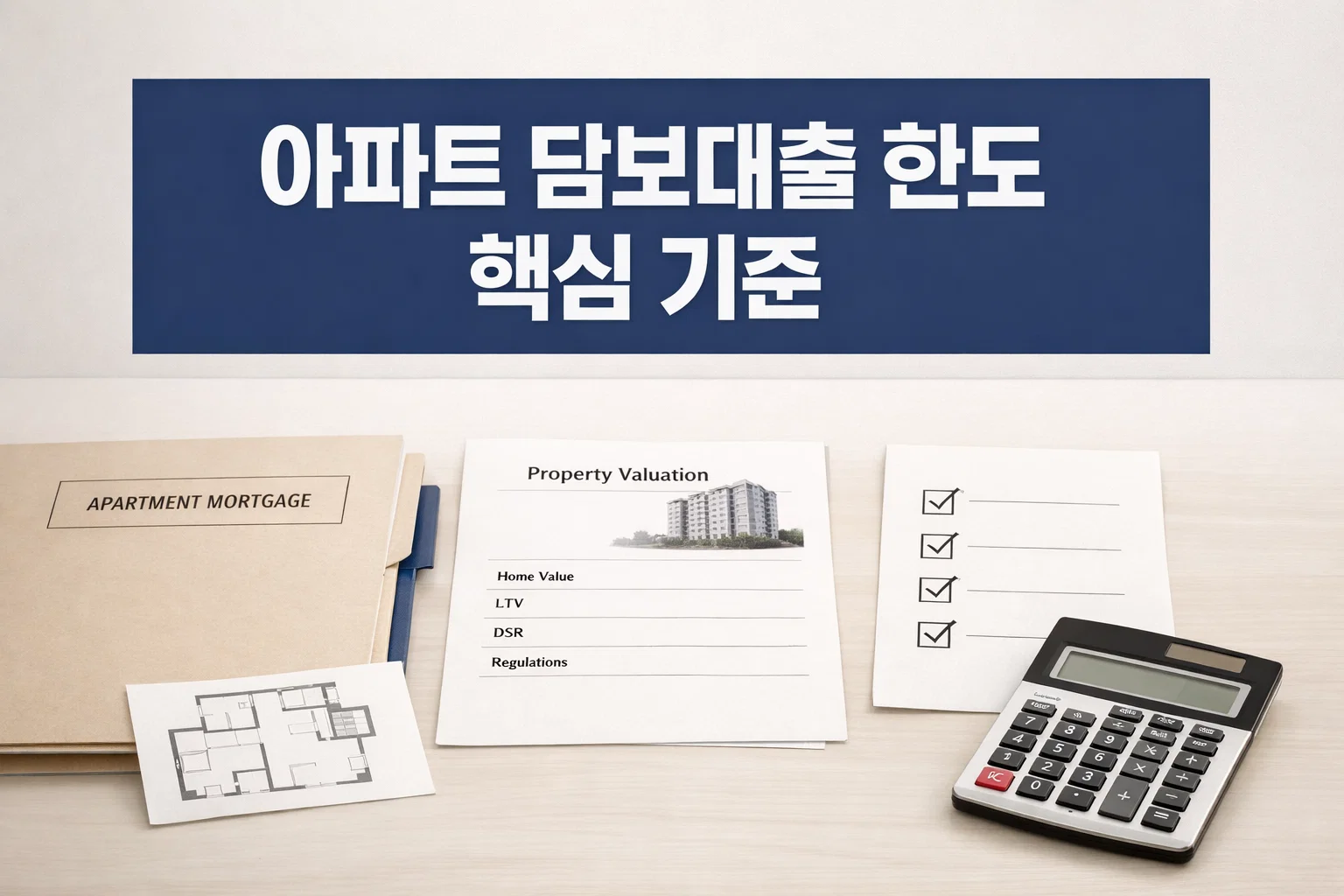 아파트 담보대출 한도를 확인할 때 시세와 LTV, DSR 같은 핵심 기준이 어떻게 연결되는지 빠르게 이해하도록 정리한 대표 이미지