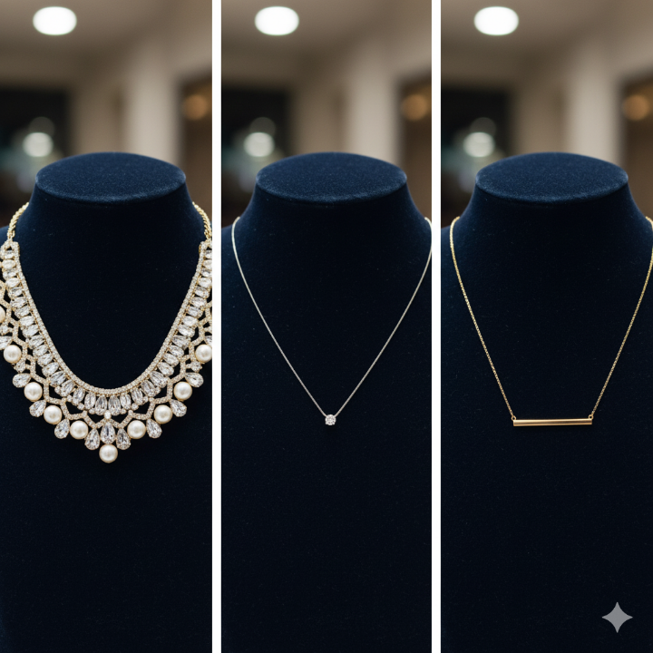 화려한 목걸이와 심플한 목걸이를 비교하는 이미지