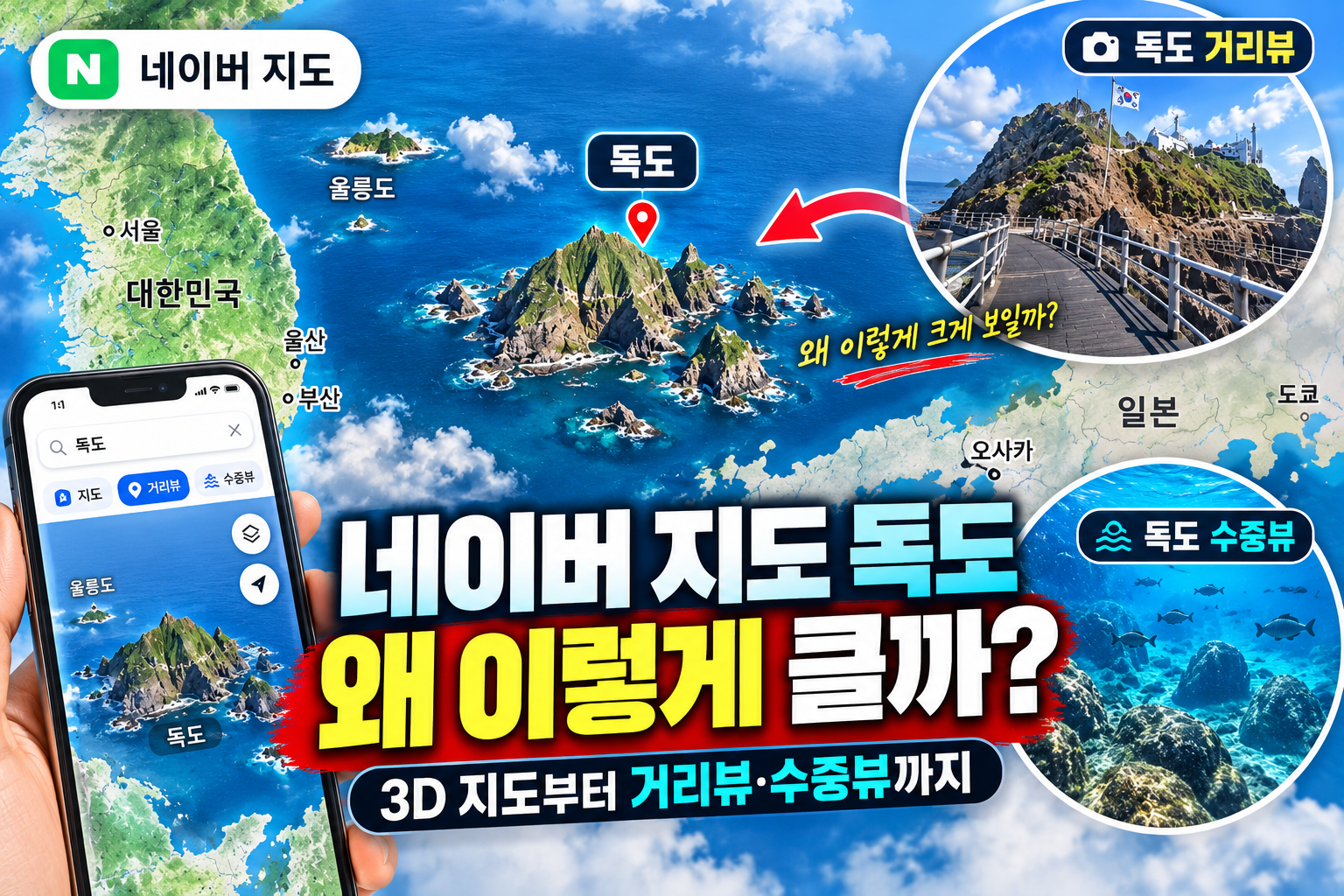 네이버 지도 독도 3D 아이콘이 크게 보이는 이유와 독도 거리뷰&middot;수중뷰 확인 방법을 소개하는 이미지