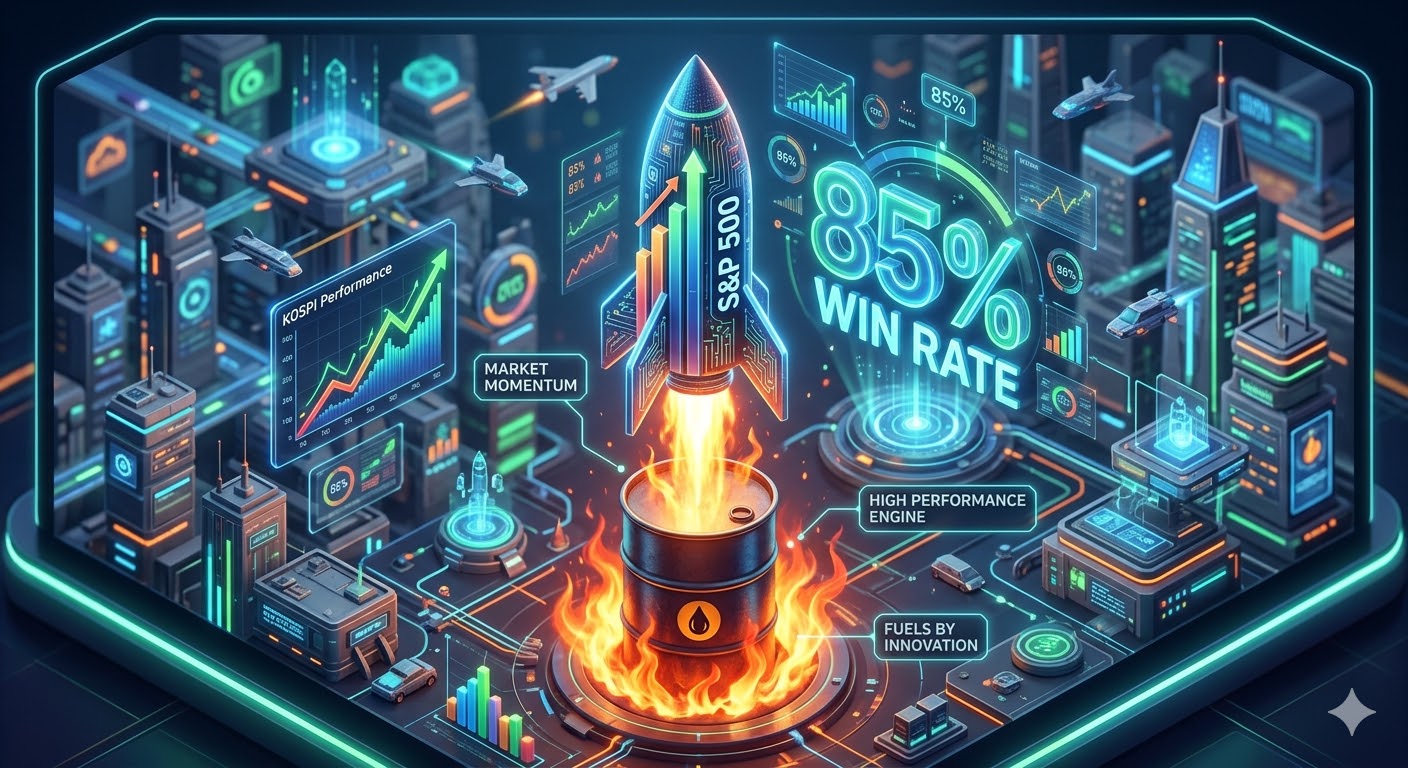불타오르는 유가 드럼통 위로 S&P 500 지수 그래프가 로켓처럼 솟구치는 모습. '85% 반등 확률'이라는 숫자가 홀로그램으로 반짝이는 3D 인포그래픽