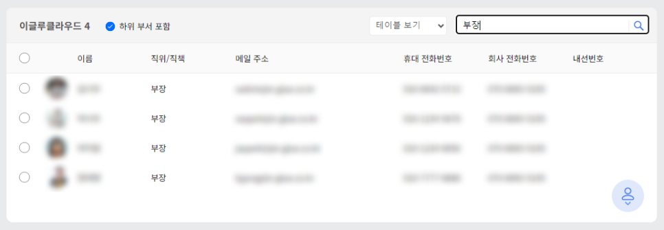 팀즈 애드인 솔루션 팀트리를 활용해 조직원을 검색하는 화면