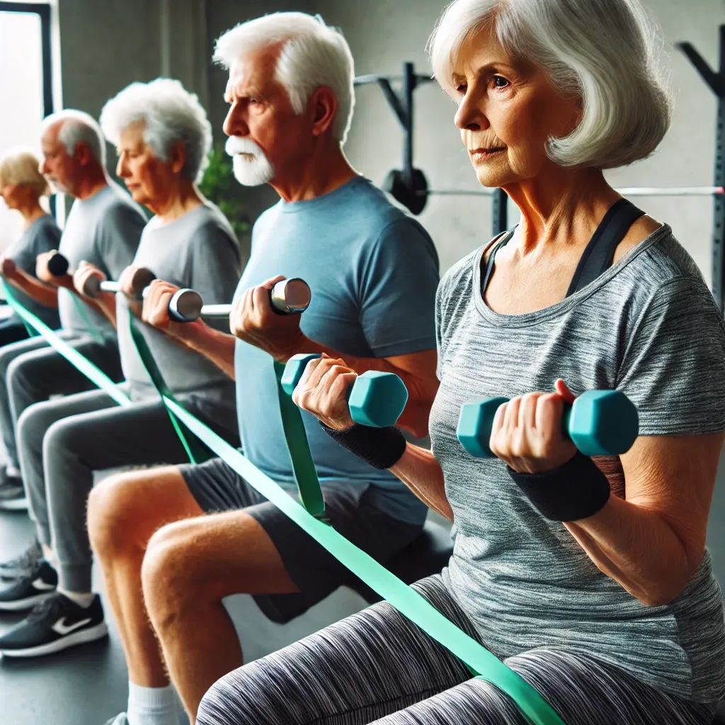 체육관에서 저항 훈련을 하는 노인들