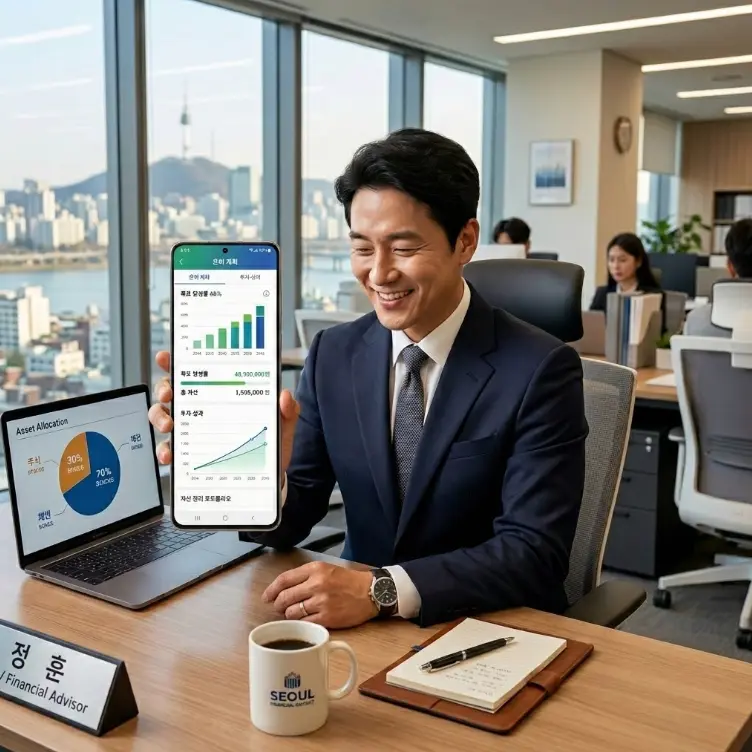 노후 자산 관리를 위해 스마트폰 앱으로 퇴직연금 IRP 수익률과 포트폴리오를 확인하고 있는 사용자의 모습