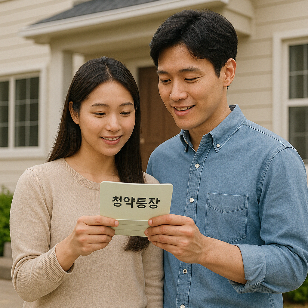 주택 앞에서 통장을 확인하는 청년 커플