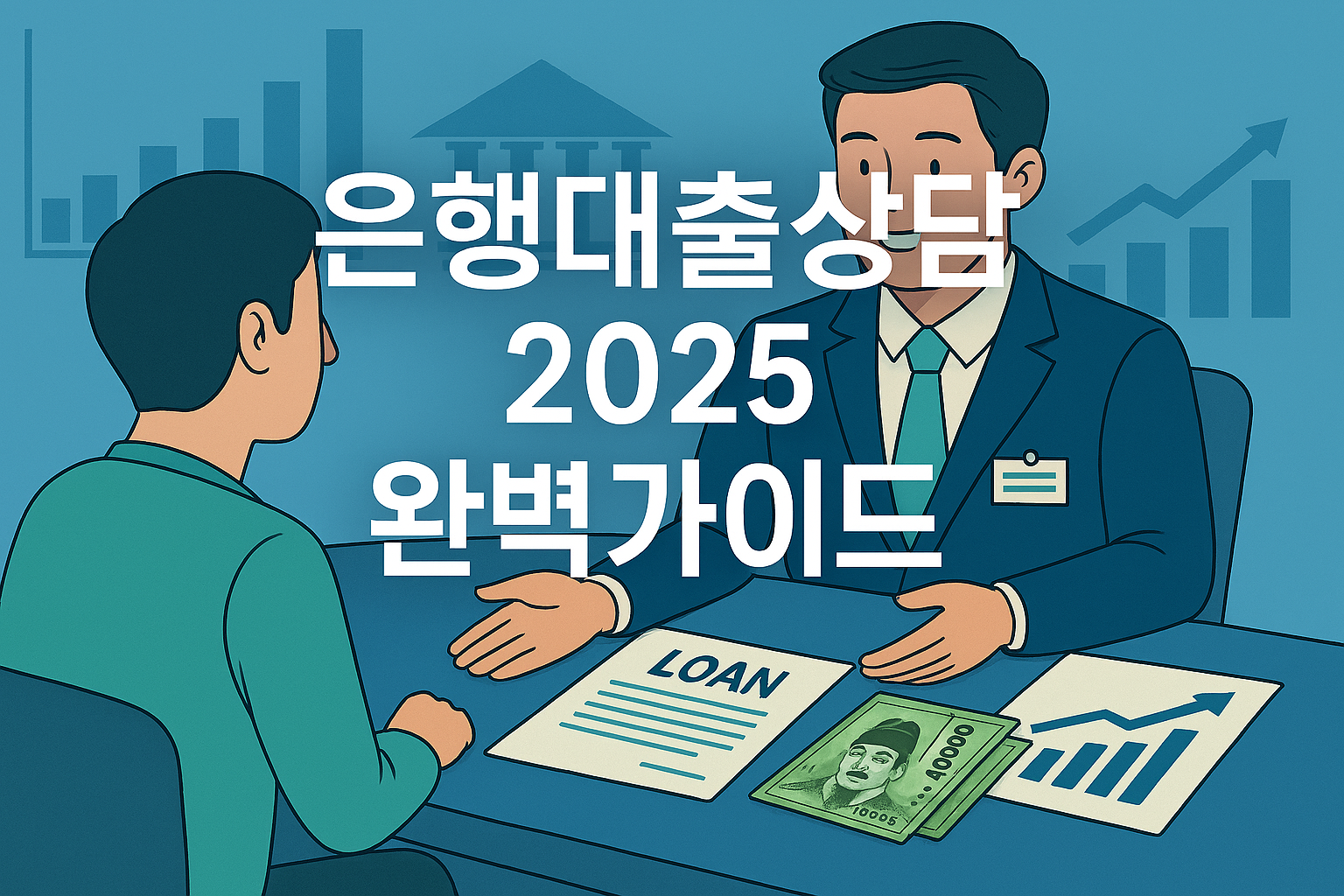 은행대출상담 2025 완벽가이드 이미지 ❘ 은행 창구에서 고객이 대출 상담을 받는 모습, 신용대출&middot;주택담보대출 상담 안내
