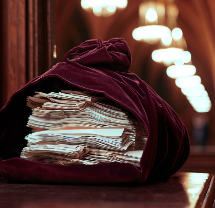 영국 의회에서 벨벳 가방 안에 들어있는 서류들(made by Bing)