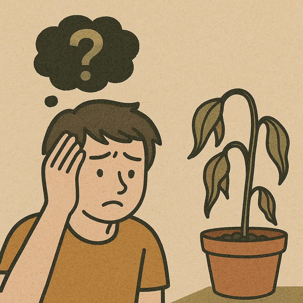 반려식물이-자꾸-죽는-이유를-고민하는-사람과-시든-식물을-표현한-일러스트-환경과-관리-중요성-강조