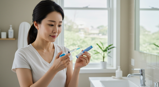 여성 환자가 주사를 자가 투여하기 전의 모습