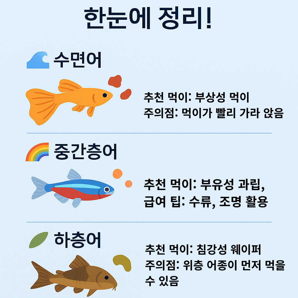 수면어, 중간층어, 하층어의 먹이 차이를 설명하는 한국어 인포그래픽.
수면어: 주황색 물고기 옆에 "추천 먹이: 부상성 사료, 주의점: 먹이가 빨리 가라앉음"
중간층어: 파란색과 빨간색의 네온테트라 그림 옆에 "추천 먹이: 부유성 과립, 급여 팁: 수류, 조명 활용"
하층어: 갈색 코리도라스 물고기 옆에 "추천 먹이: 침강성 웨이퍼, 주의점: 위층 어종이 먼저 먹을 수 있음"
각 항목은 물결, 무지개, 잎사귀 아이콘으로 구분되어 있으며, 깔끔한 일러스트와 간단한 문장으로 층별 사료 선택법을 정리함.