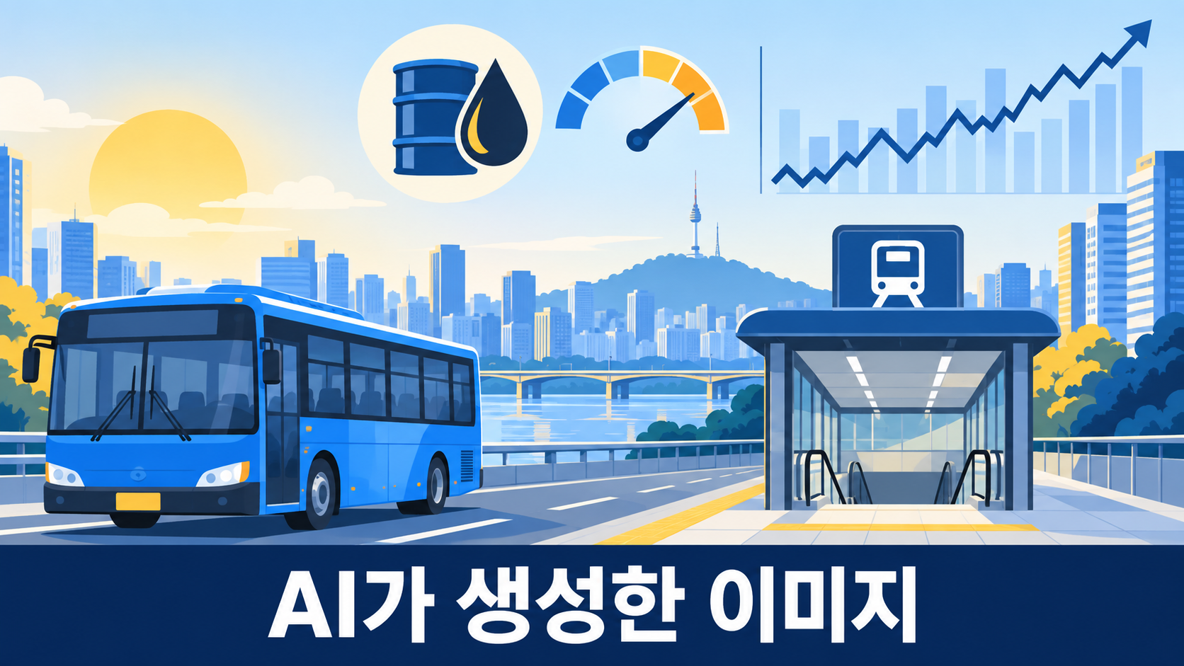 서울 버스와 지하철, 원유 수급, 주가지수 흐름을 표현한 개념 일러스트. 하단에 AI가 생성한 이미지 문구가 있다.
