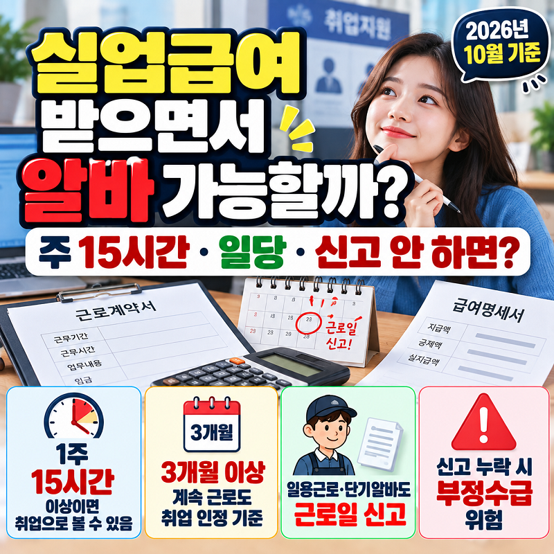 2026 실업급여 받으면서 아르바이트 주15시간 근로일 신고 기준