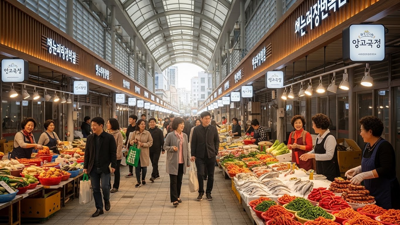 정부의 지원 정책으로 다시 활기를 되찾은 서울 전통 시장의 활기찬 풍경 실사