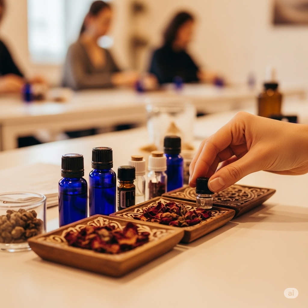 아로마테라피 용품을 정성스럽게 배치하는 손의 모습을 클로즈업하여 보여줍니다.