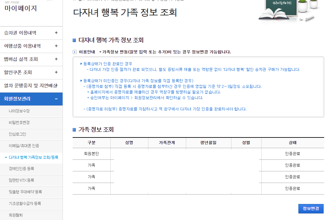 홈페이지 다자녀 등록시 조회되는 화면