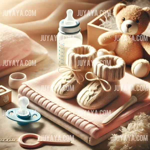 아기 용품과 장난감이 정리된 테이블. 신생아를 위한 준비된 환경을 보여주는 사진.